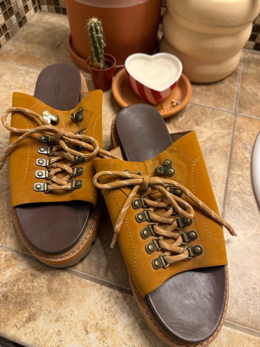 AEROSOLES Mustard Lace-Up Slide Sandals